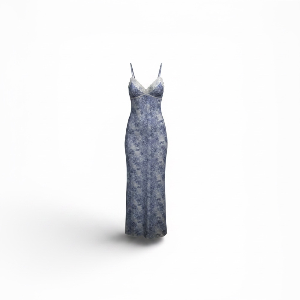 No Boundaries Blue Floral Satin Slip Midi Dress with Lace Trim